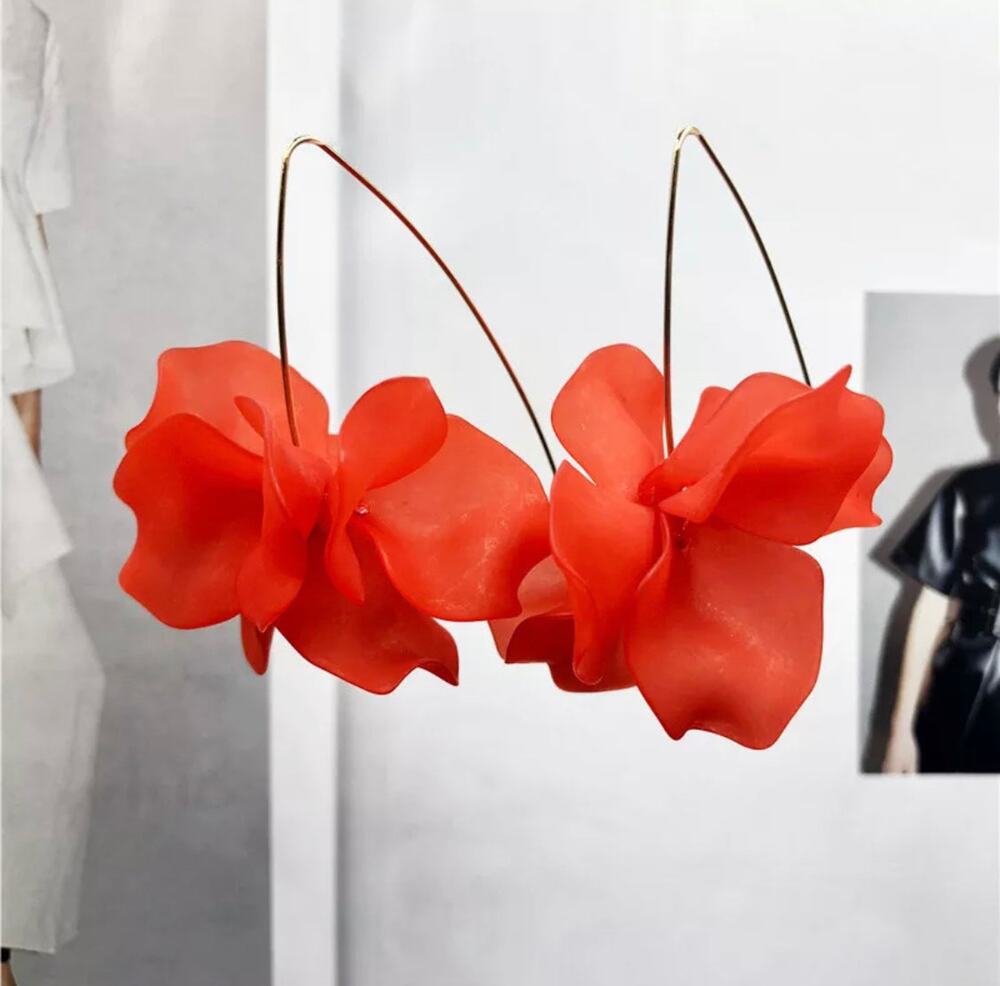 Pansy Flower Blossom Drop Earrings - Red